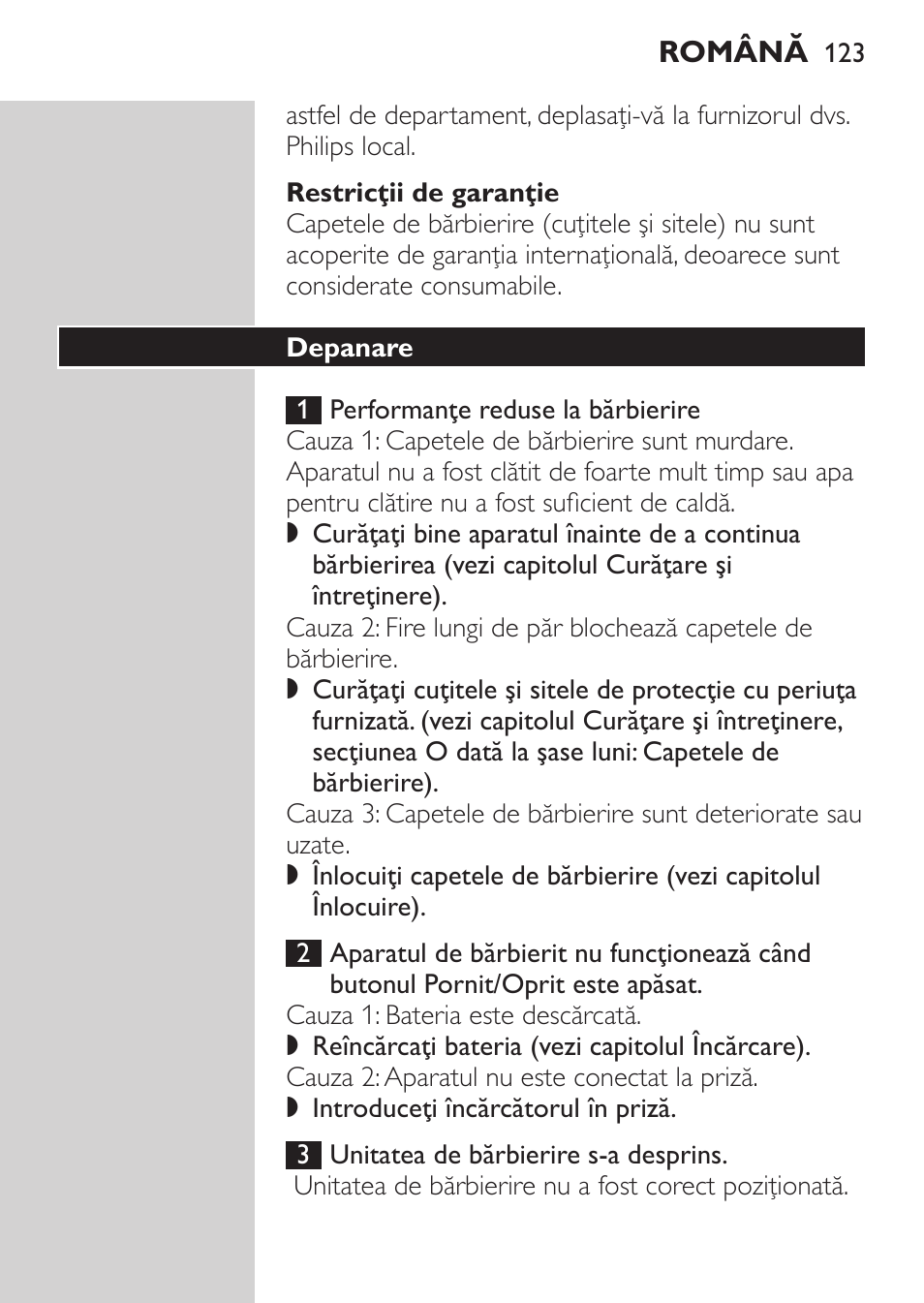 Restricţii de garanţie, Depanare | Philips HQ7340-17 User Manual | Page 121 / 180