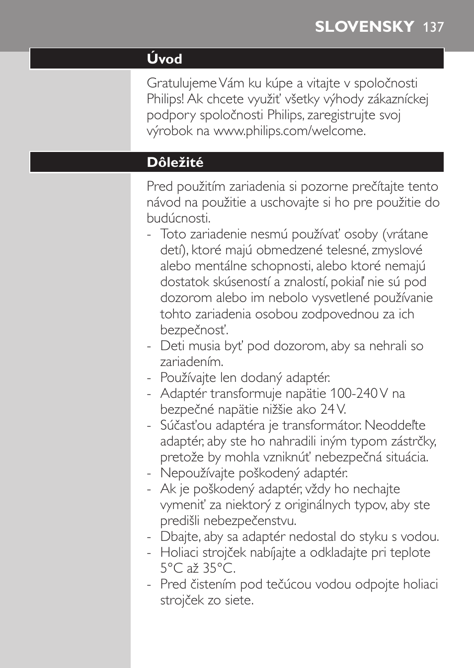 Slovensky, Úvod, Dôležité | Philips HQ7340-17 User Manual | Page 135 / 180