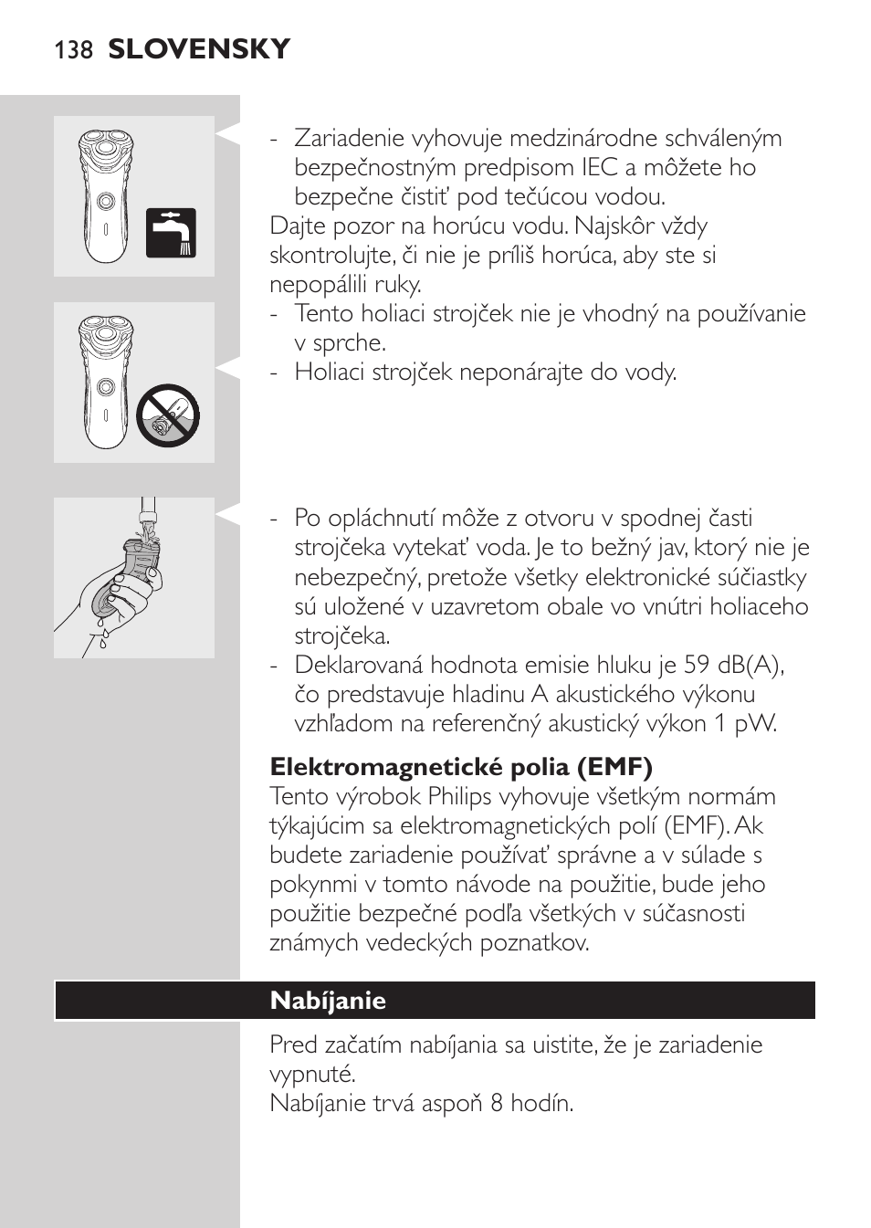 Elektromagnetické polia (emf), Nabíjanie | Philips HQ7340-17 User Manual | Page 136 / 180