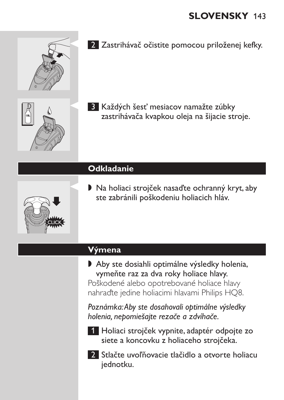 Odkladanie, Výmena | Philips HQ7340-17 User Manual | Page 141 / 180