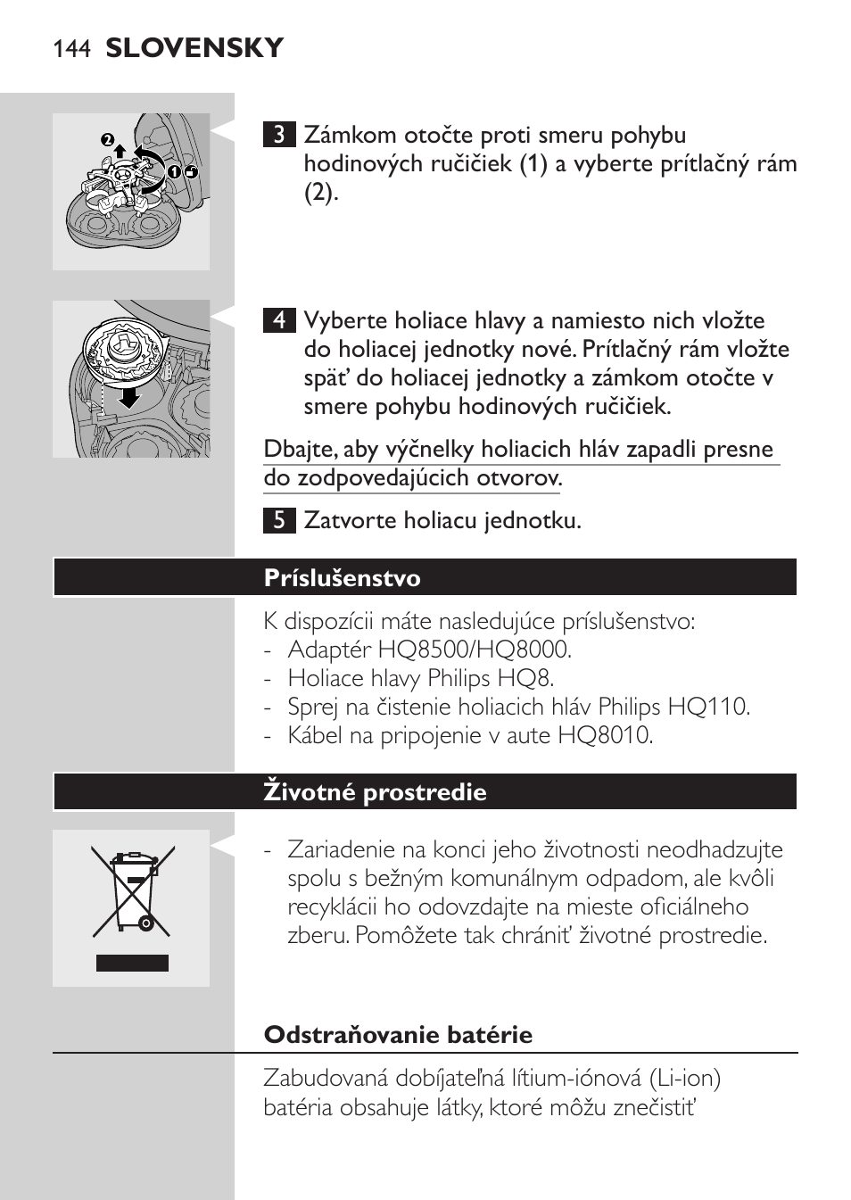 Príslušenstvo, Životné prostredie, Odstraňovanie batérie | Philips HQ7340-17 User Manual | Page 142 / 180