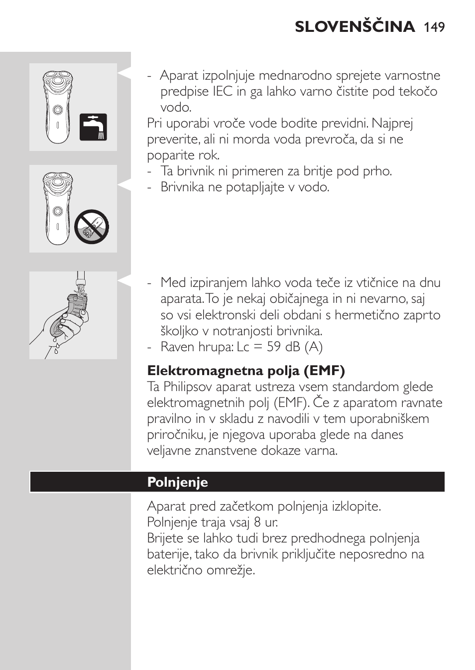 Elektromagnetna polja (emf), Polnjenje | Philips HQ7340-17 User Manual | Page 147 / 180