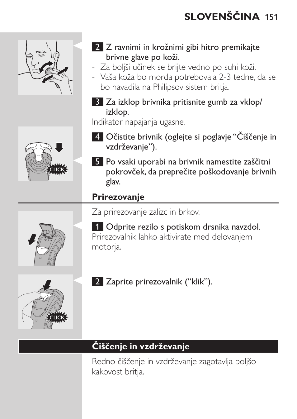 Prirezovanje, Čiščenje in vzdrževanje | Philips HQ7340-17 User Manual | Page 149 / 180
