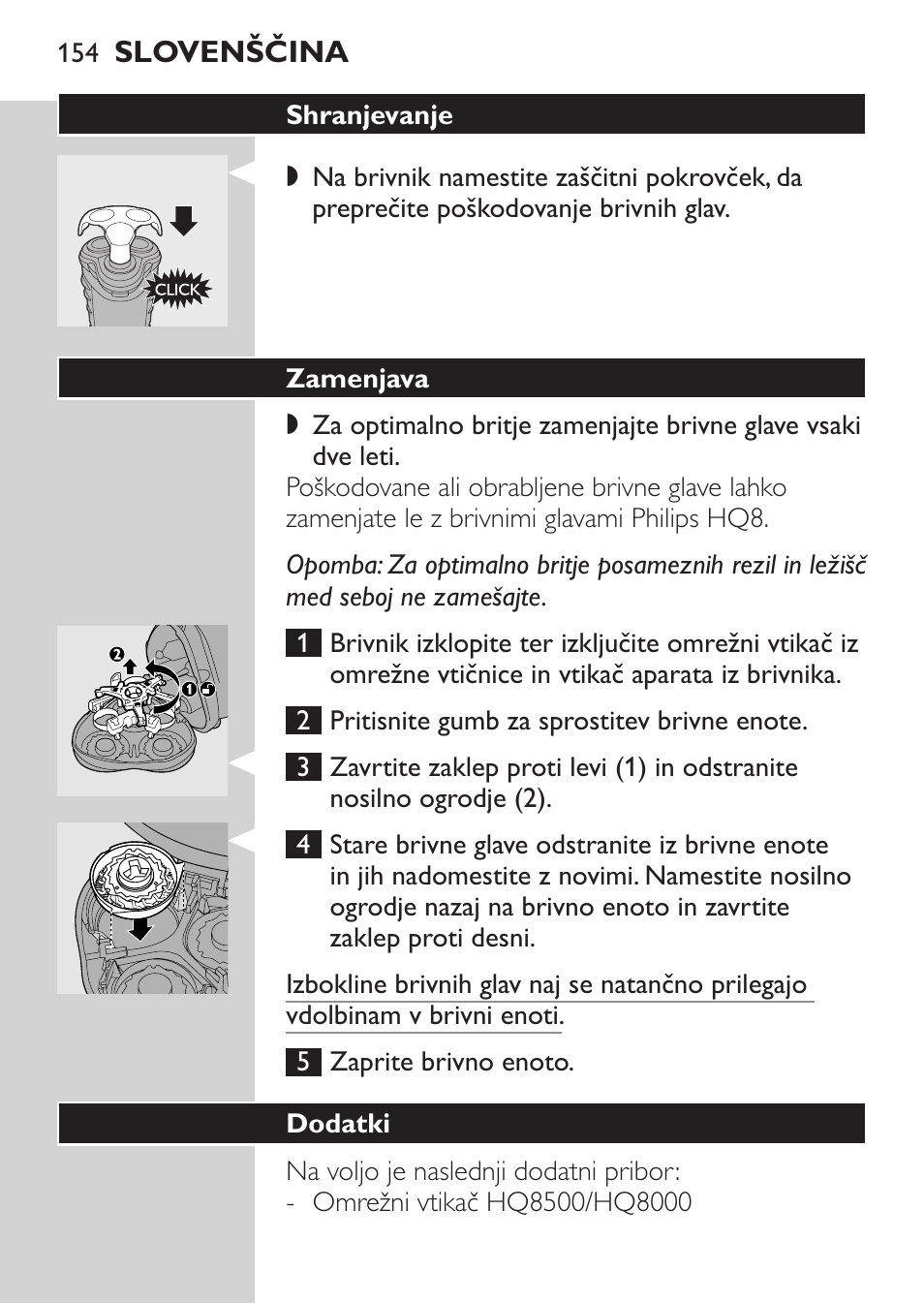 Shranjevanje, Zamenjava, Dodatki | Philips HQ7340-17 User Manual | Page 152 / 180