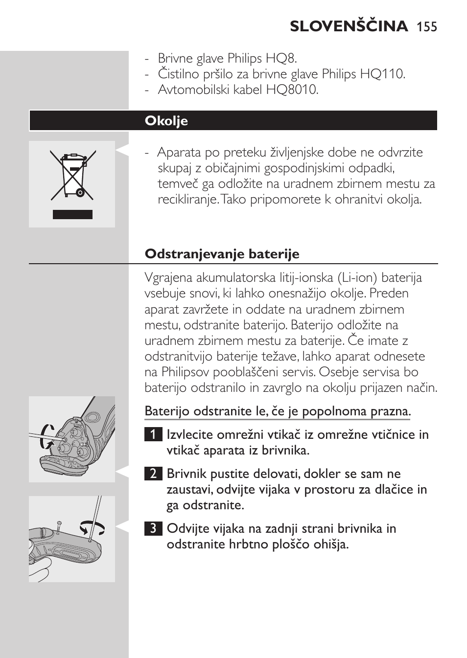 Okolje, Odstranjevanje baterije | Philips HQ7340-17 User Manual | Page 153 / 180