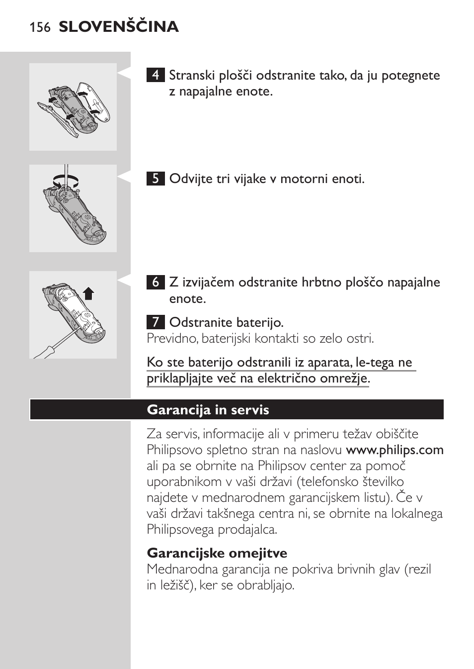 Garancijske omejitve, Garancija in servis | Philips HQ7340-17 User Manual | Page 154 / 180