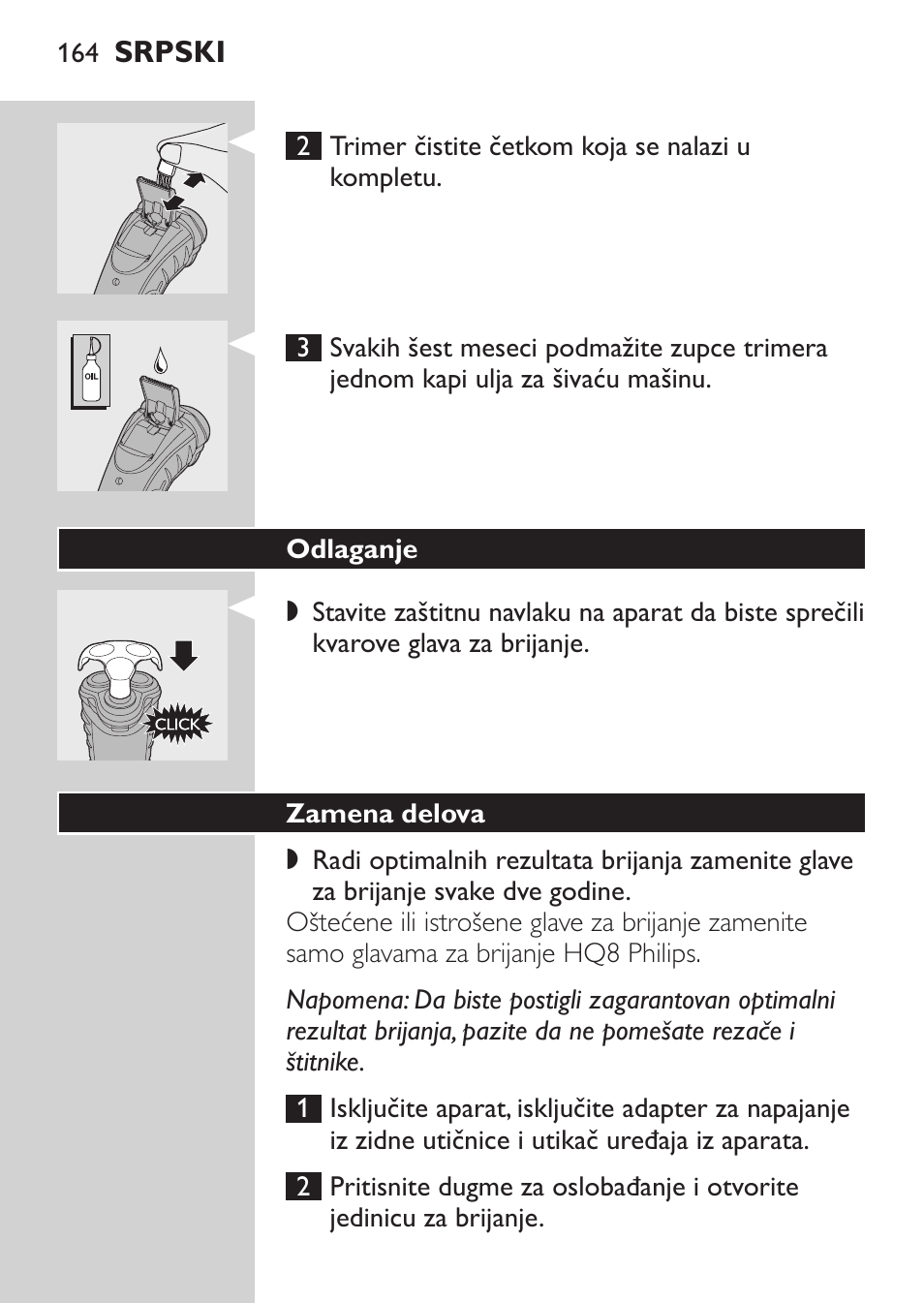 Odlaganje, Zamena delova | Philips HQ7340-17 User Manual | Page 162 / 180