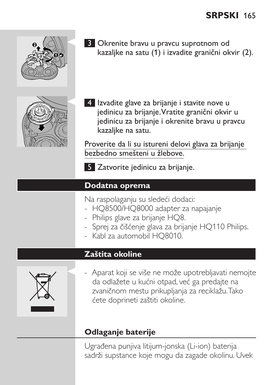 Dodatna oprema, Zaštita okoline, Odlaganje baterije | Philips HQ7340-17 User Manual | Page 163 / 180