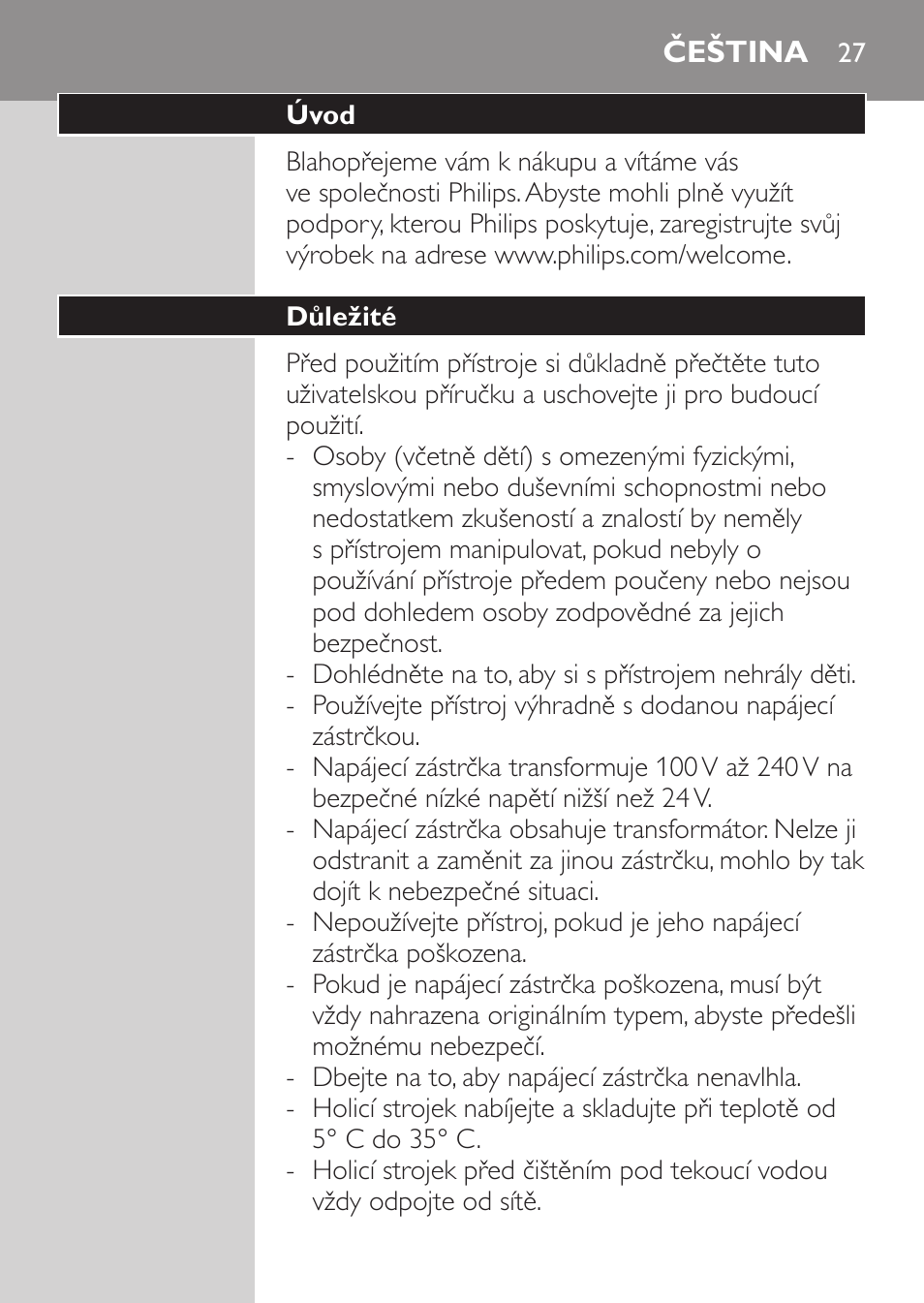 Čeština, Úvod, Důležité | Philips HQ7340-17 User Manual | Page 25 / 180