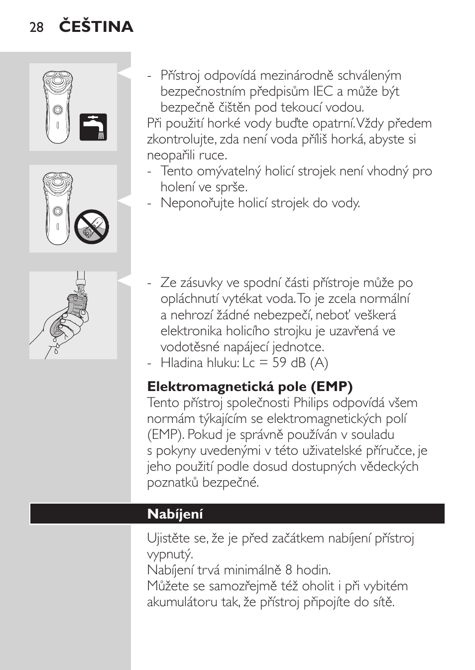 Elektromagnetická pole (emp), Nabíjení | Philips HQ7340-17 User Manual | Page 26 / 180