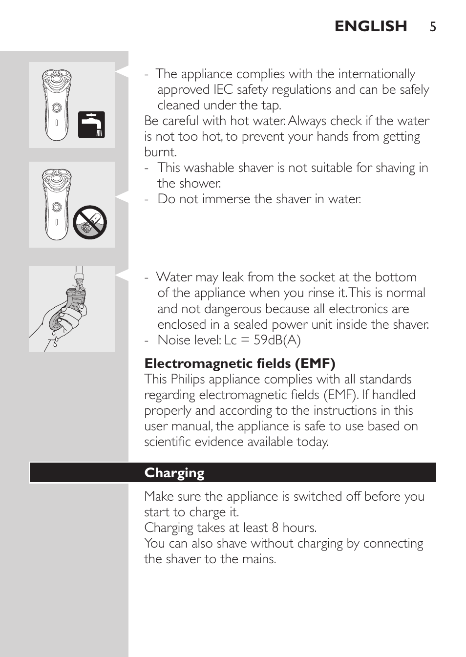 Electromagnetic fields (emf), Charging | Philips HQ7340-17 User Manual | Page 3 / 180