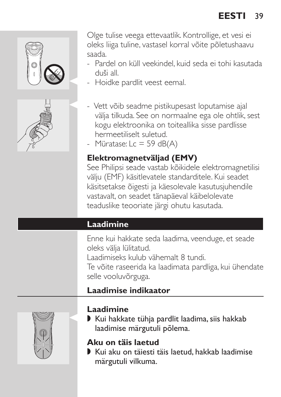 Elektromagnetväljad (emv), Laadimine, Laadimise indikaator | Aku on täis laetud | Philips HQ7340-17 User Manual | Page 37 / 180