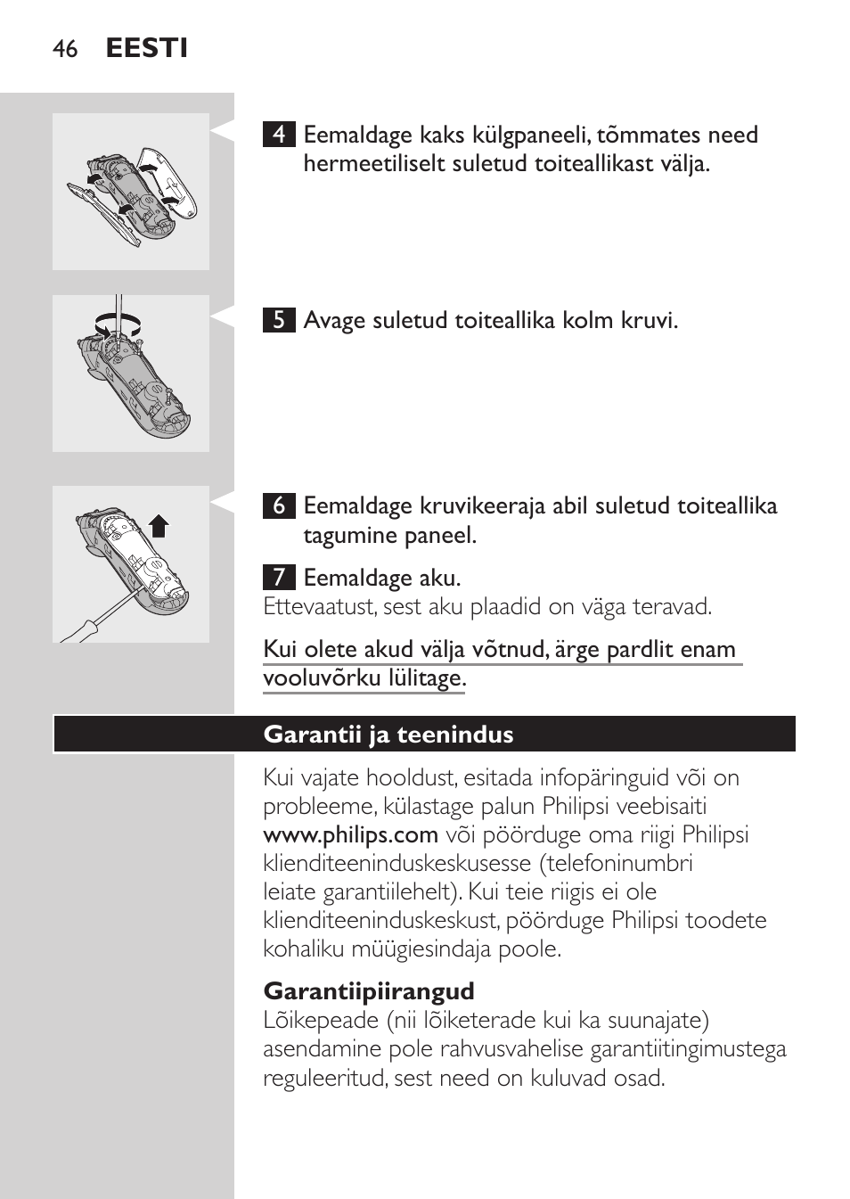 Garantiipiirangud, Garantii ja teenindus | Philips HQ7340-17 User Manual | Page 44 / 180