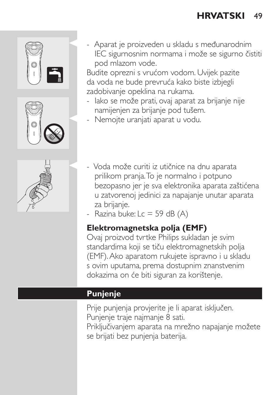 Elektromagnetska polja (emf), Punjenje | Philips HQ7340-17 User Manual | Page 47 / 180