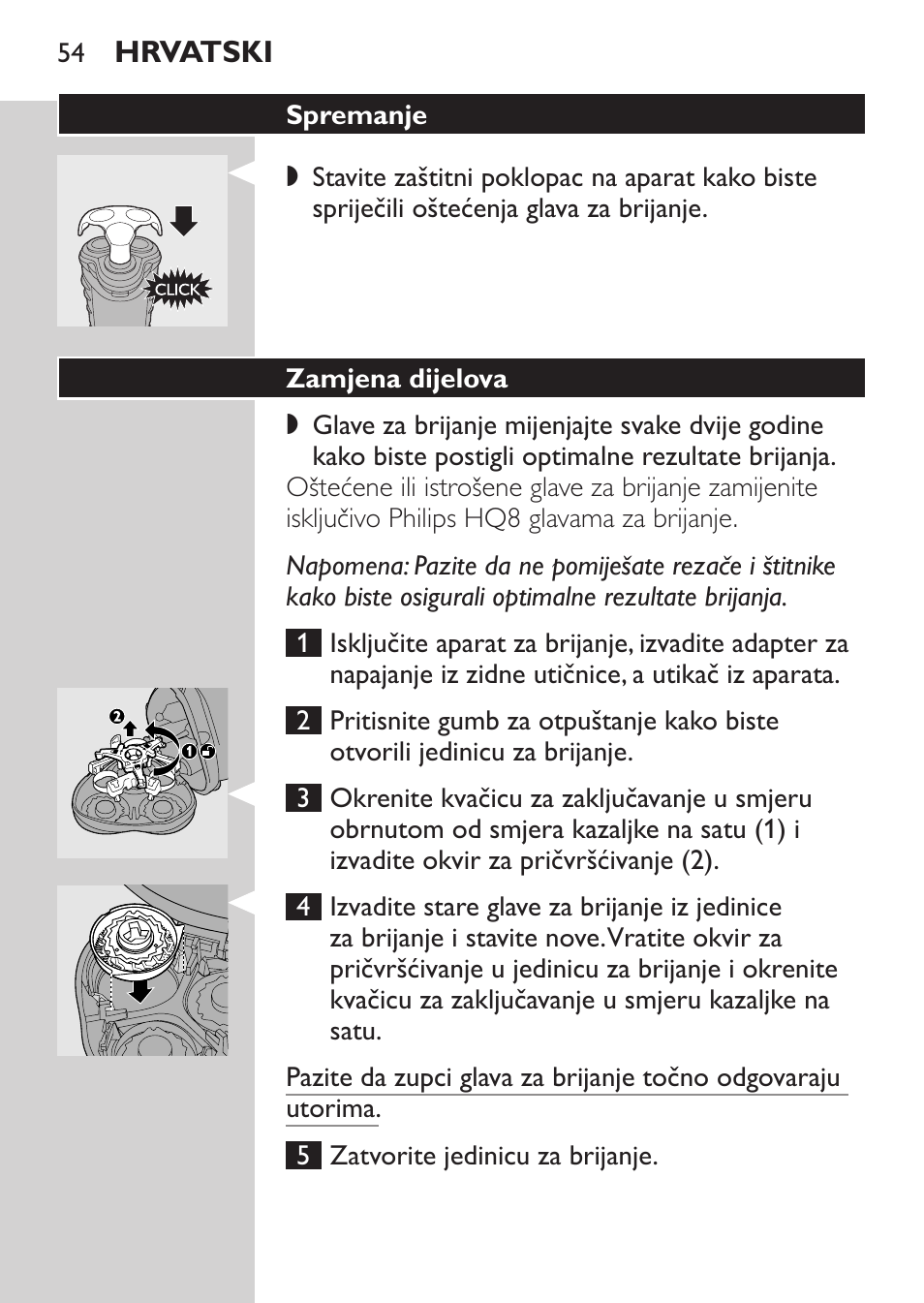 Spremanje, Zamjena dijelova | Philips HQ7340-17 User Manual | Page 52 / 180