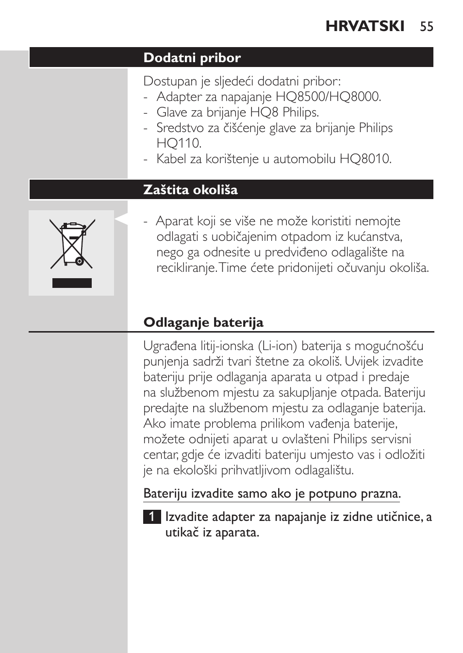 Dodatni pribor, Zaštita okoliša, Odlaganje baterija | Philips HQ7340-17 User Manual | Page 53 / 180
