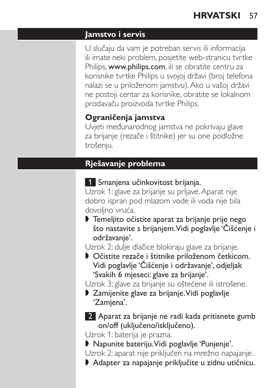 Ograničenja jamstva, Jamstvo i servis, Rješavanje problema | Philips HQ7340-17 User Manual | Page 55 / 180