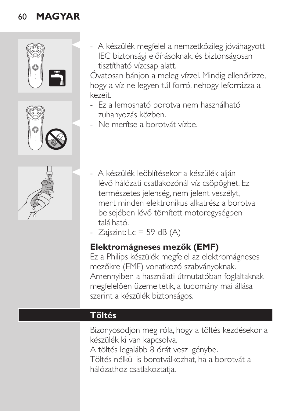 Elektromágneses mezők (emf), Töltés | Philips HQ7340-17 User Manual | Page 58 / 180