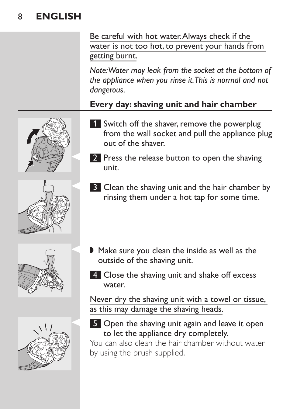 Every day: shaving unit and hair chamber | Philips HQ7340-17 User Manual | Page 6 / 180