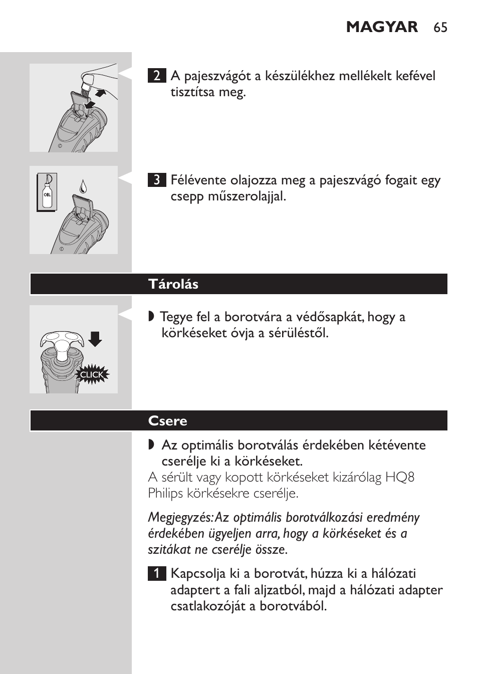 Tárolás, Csere | Philips HQ7340-17 User Manual | Page 63 / 180