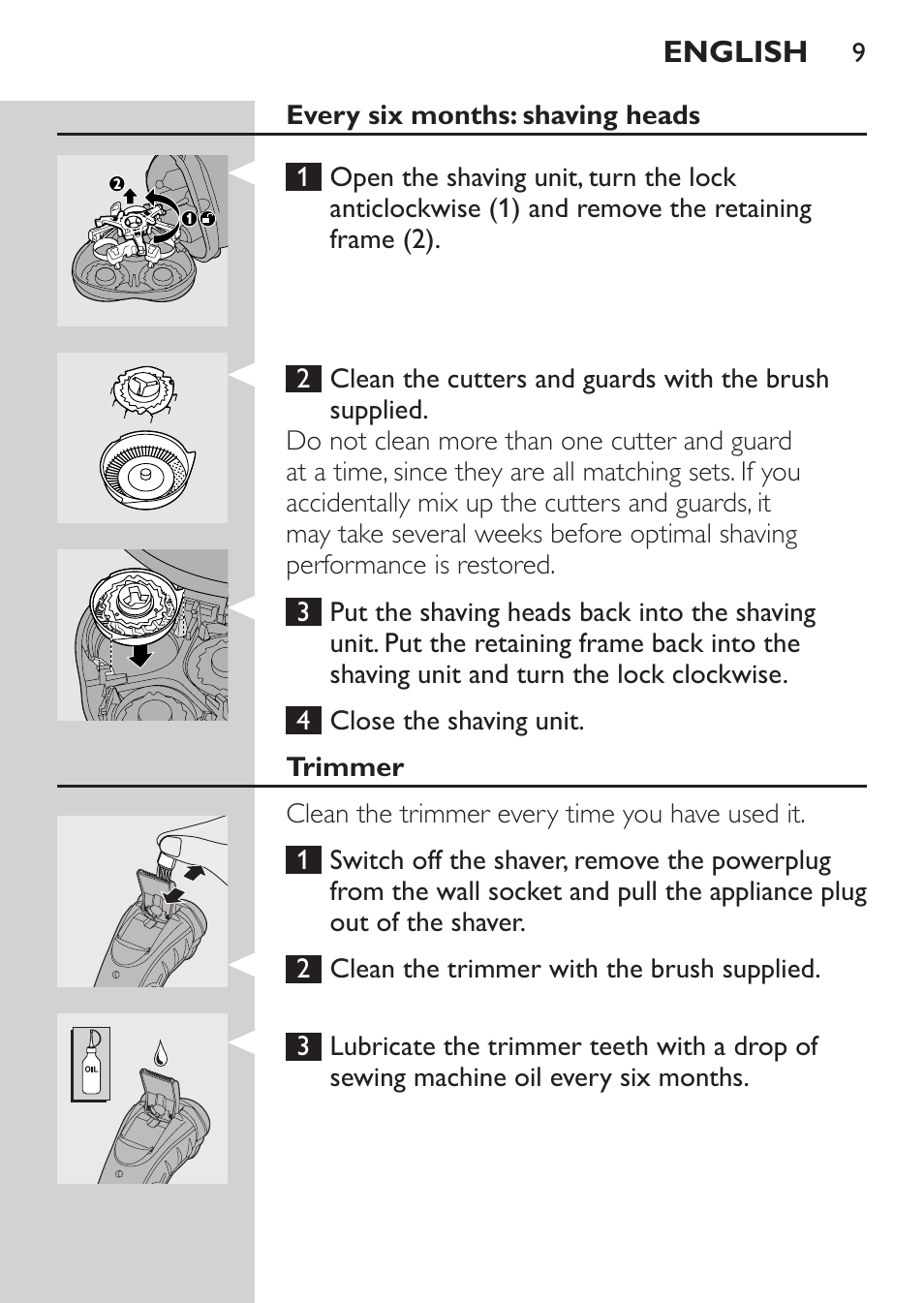 Every six months: shaving heads, Trimmer | Philips HQ7340-17 User Manual | Page 7 / 180
