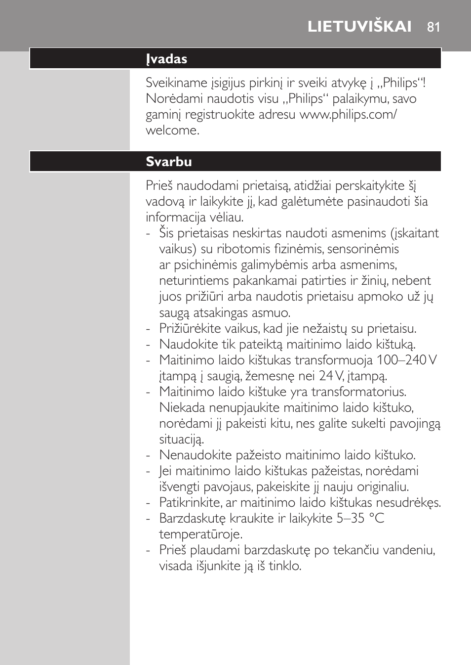 Lietuviškai, Įvadas, Svarbu | Philips HQ7340-17 User Manual | Page 79 / 180
