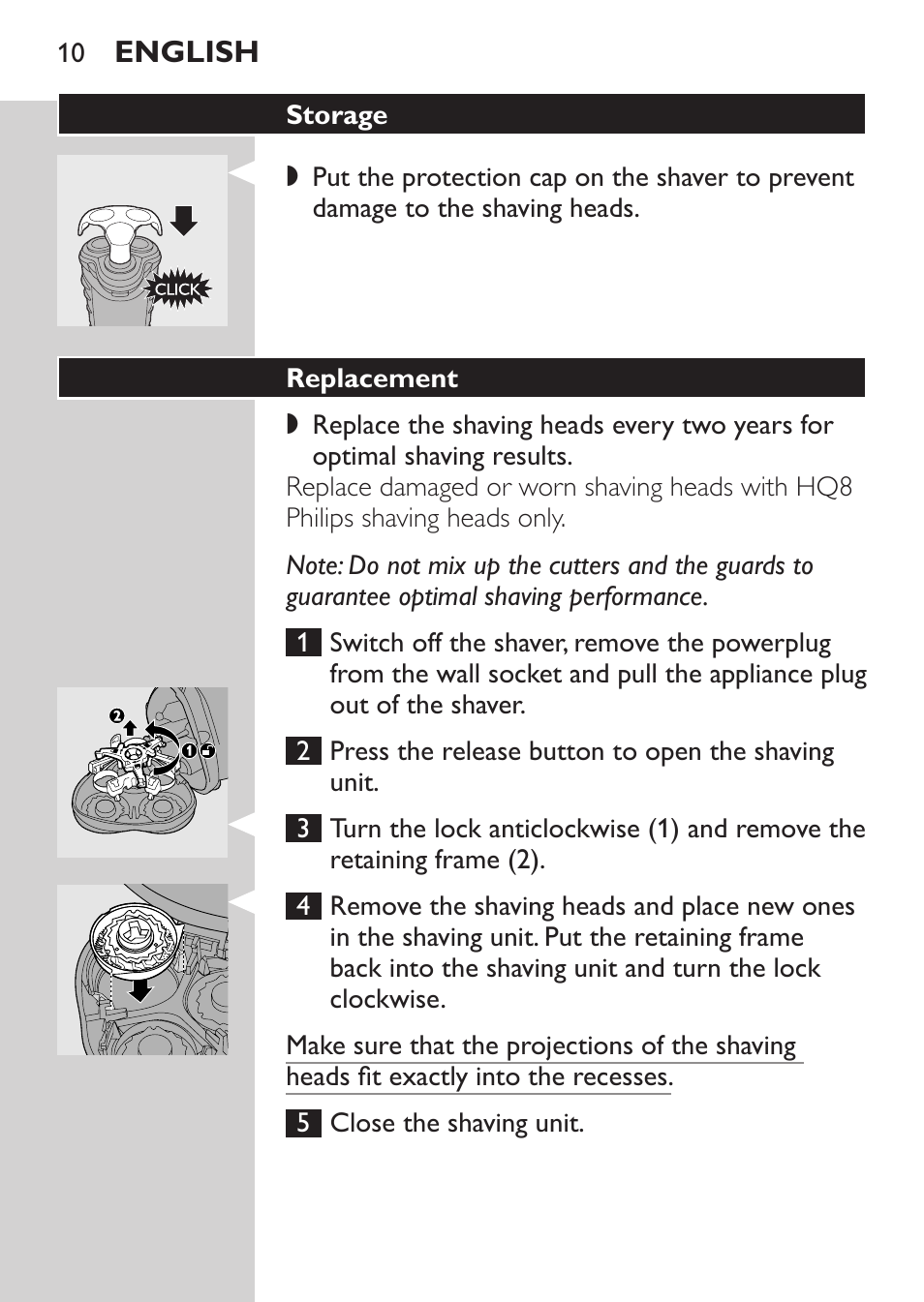 Storage, Replacement | Philips HQ7340-17 User Manual | Page 8 / 180