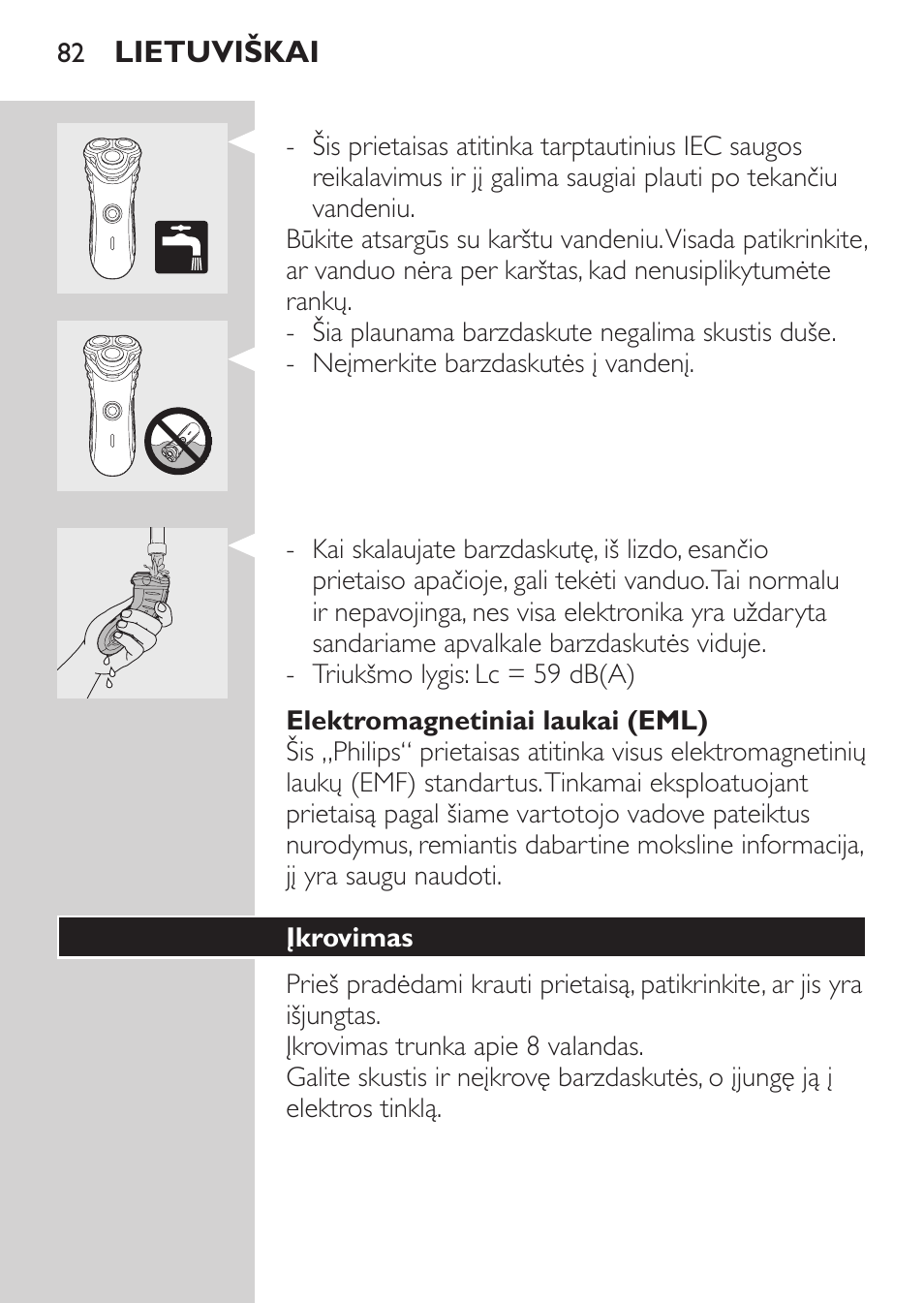 Elektromagnetiniai laukai (eml), Įkrovimas | Philips HQ7340-17 User Manual | Page 80 / 180