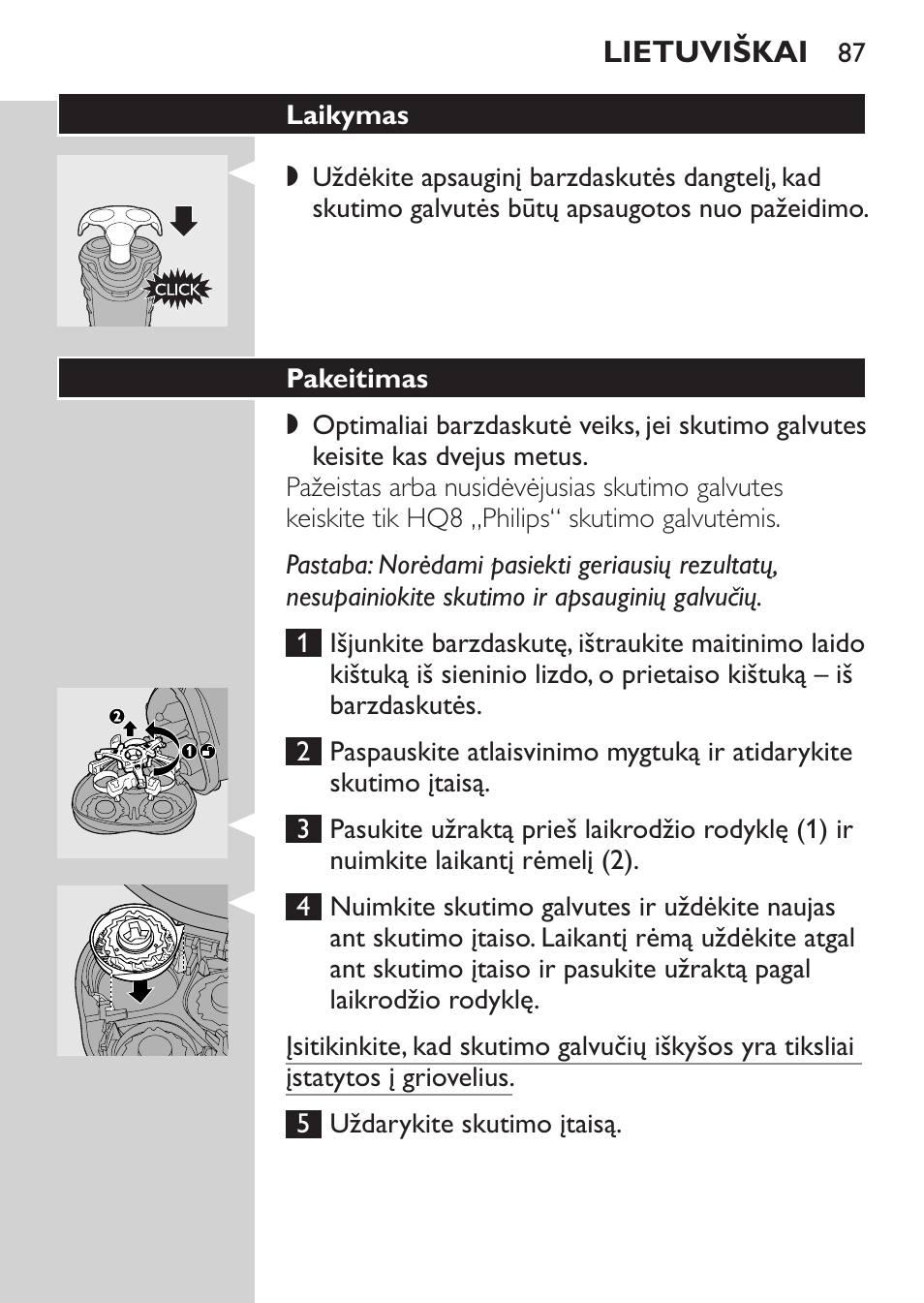 Laikymas, Pakeitimas | Philips HQ7340-17 User Manual | Page 85 / 180