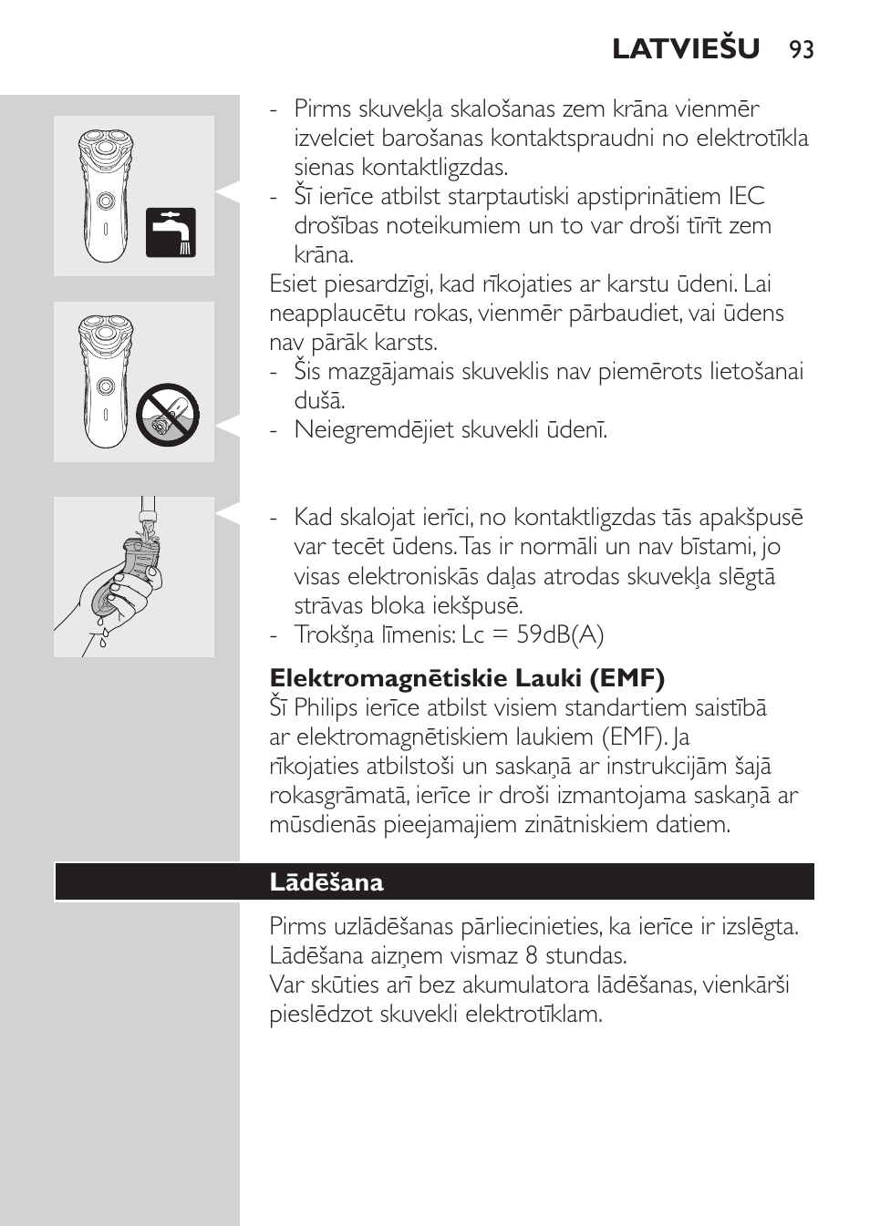 Elektromagnētiskie lauki (emf), Lādēšana | Philips HQ7340-17 User Manual | Page 91 / 180