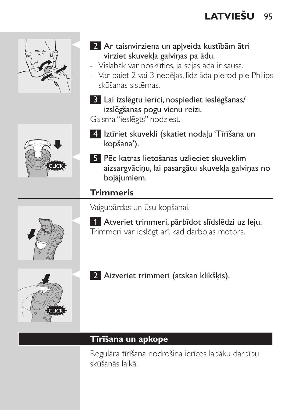 Trimmeris, Tīrīšana un apkope | Philips HQ7340-17 User Manual | Page 93 / 180