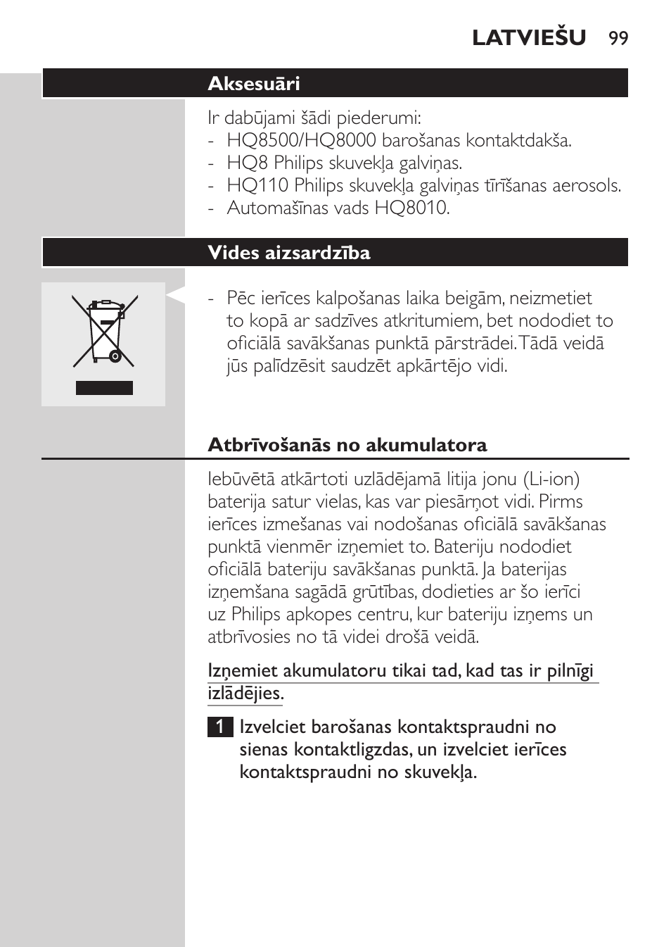 Aksesuāri, Vides aizsardzība, Atbrīvošanās no akumulatora | Philips HQ7340-17 User Manual | Page 97 / 180