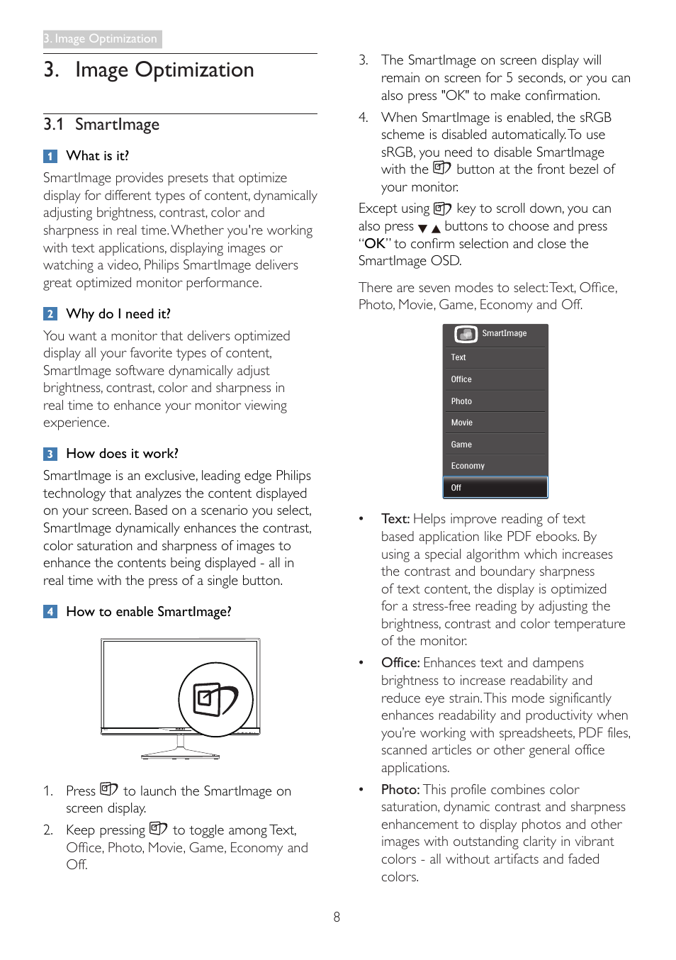 Image optimization, 1 smartimage | Philips 278C4QHSN-00 User Manual | Page 10 / 41