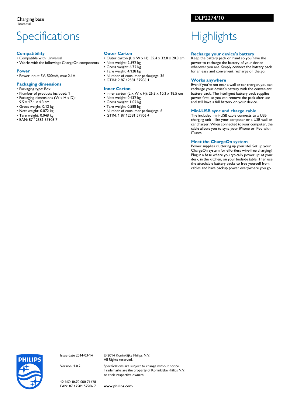 Specifications, Highlights | Philips DLP2274-10 User Manual | Page 2 / 2