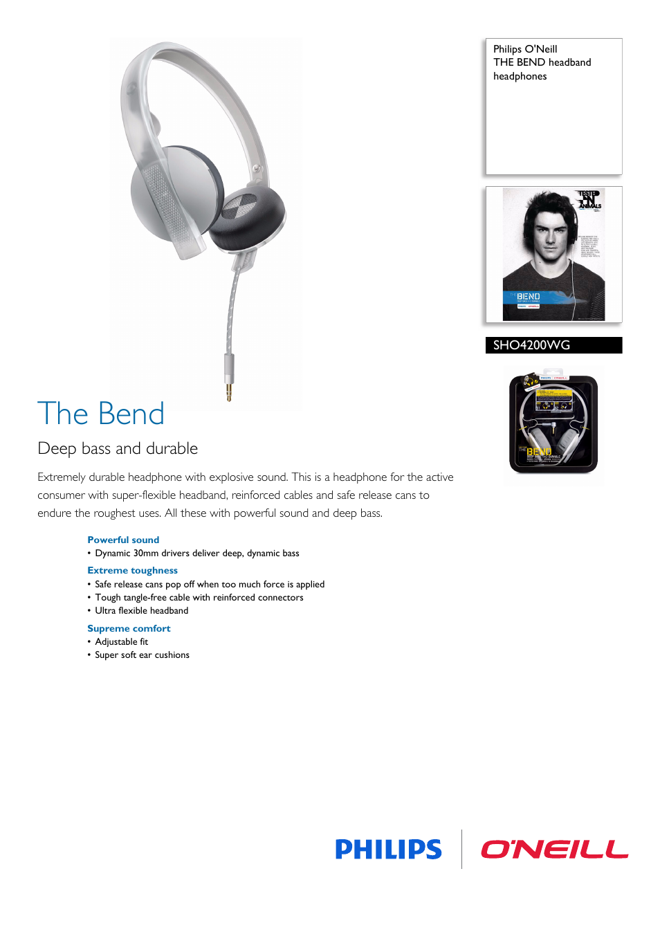 Philips O'Neill THE BEND headband headphones SHO4200WG User Manual | 2 pages