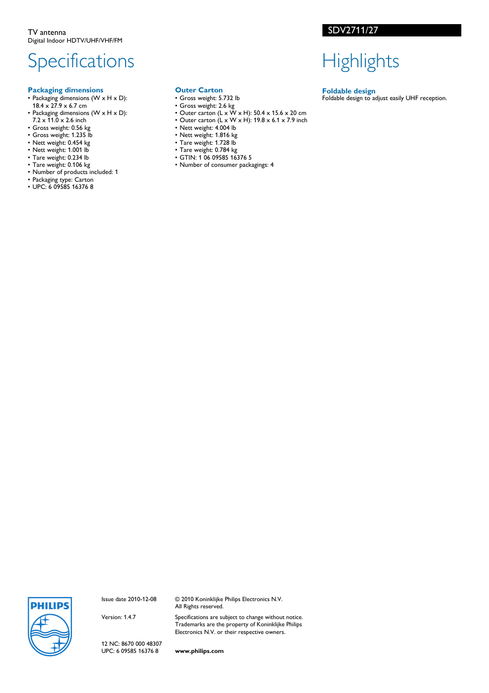 Specifications, Highlights | Philips SDV2711-27 User Manual | Page 2 / 2