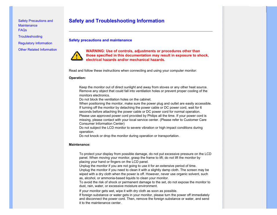 Safety and troubleshooting information | Philips 220CW9FW-00 User Manual | Page 2 / 116