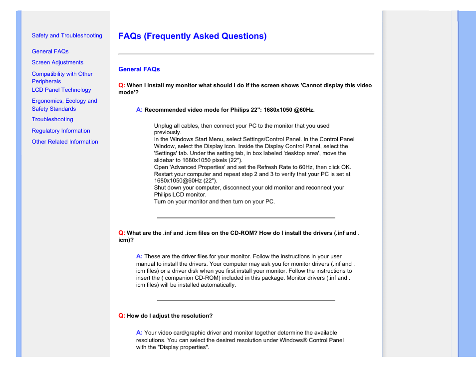 Faqs (frequently asked questions), Faqs | Philips 220CW9FW-00 User Manual | Page 4 / 116