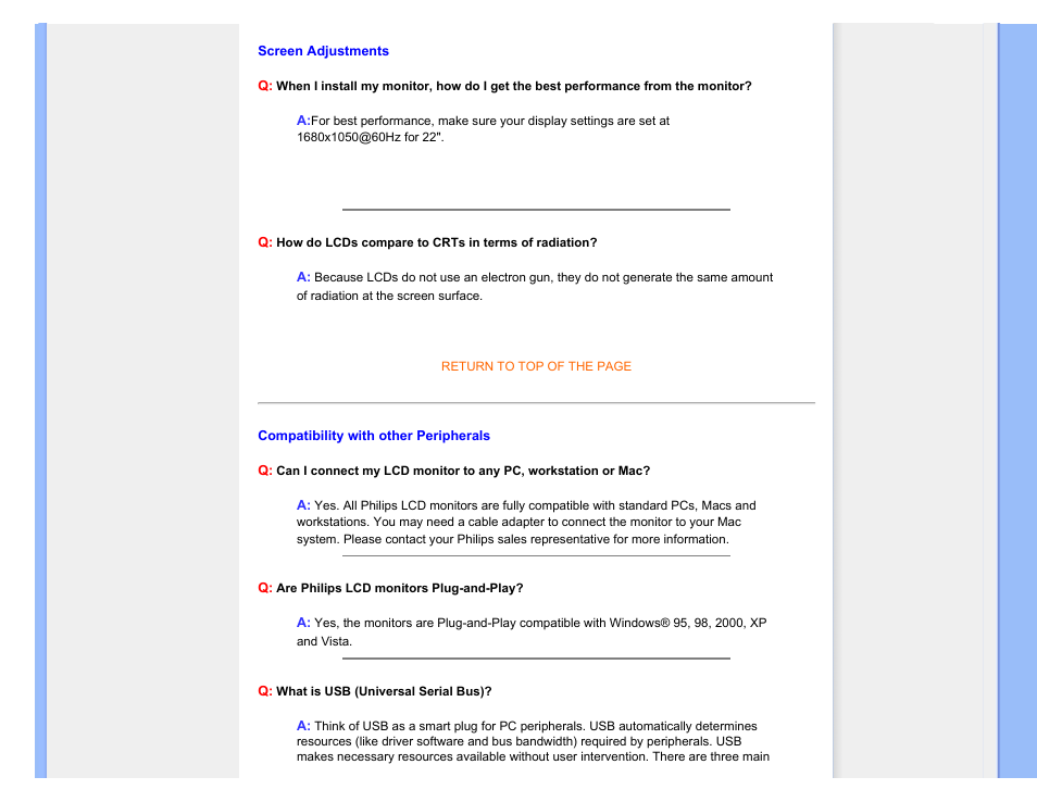 Screen adjustments, Compatibility with other, Peripherals | Philips 220CW9FW-00 User Manual | Page 7 / 116