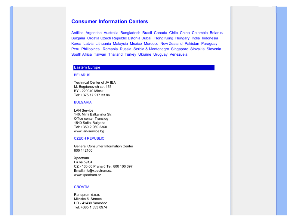 Consumer information centers, For help and service, please contact, Consumers information center | Philips 220CW9FW-00 User Manual | Page 87 / 116