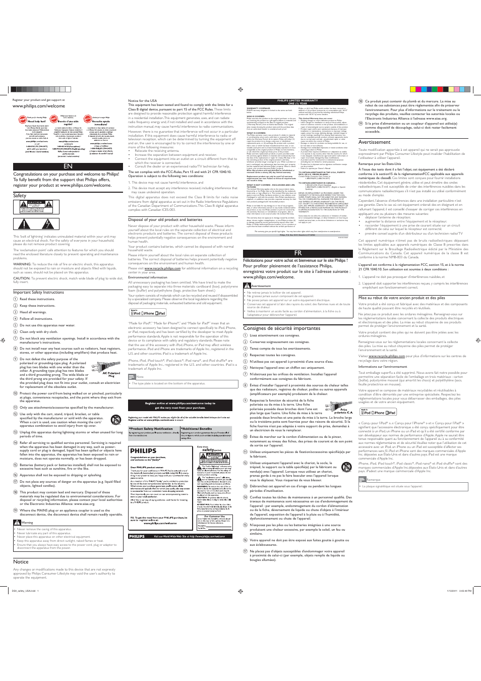 Safety, Notice, Consignes de sécurité importantes | Avertissement | Philips DS8530-37 User Manual | Page 3 / 4