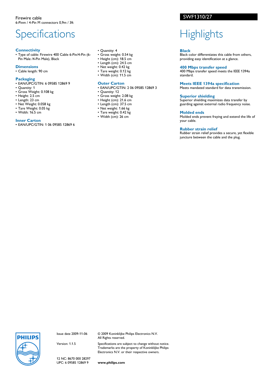 Specifications, Highlights | Philips SWF1310-27 User Manual | Page 2 / 2