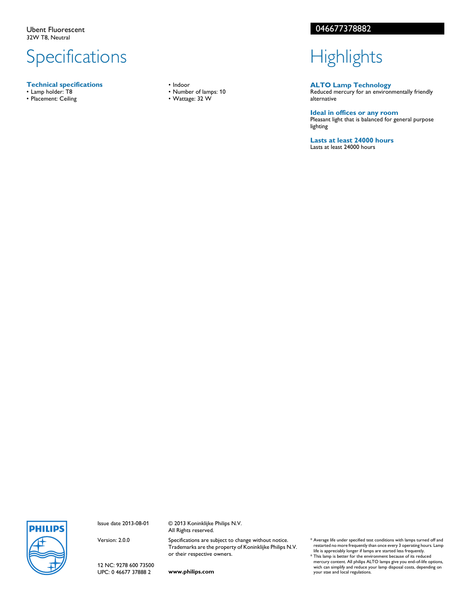 Specifications, Highlights | Philips 046677378882 User Manual | Page 2 / 2