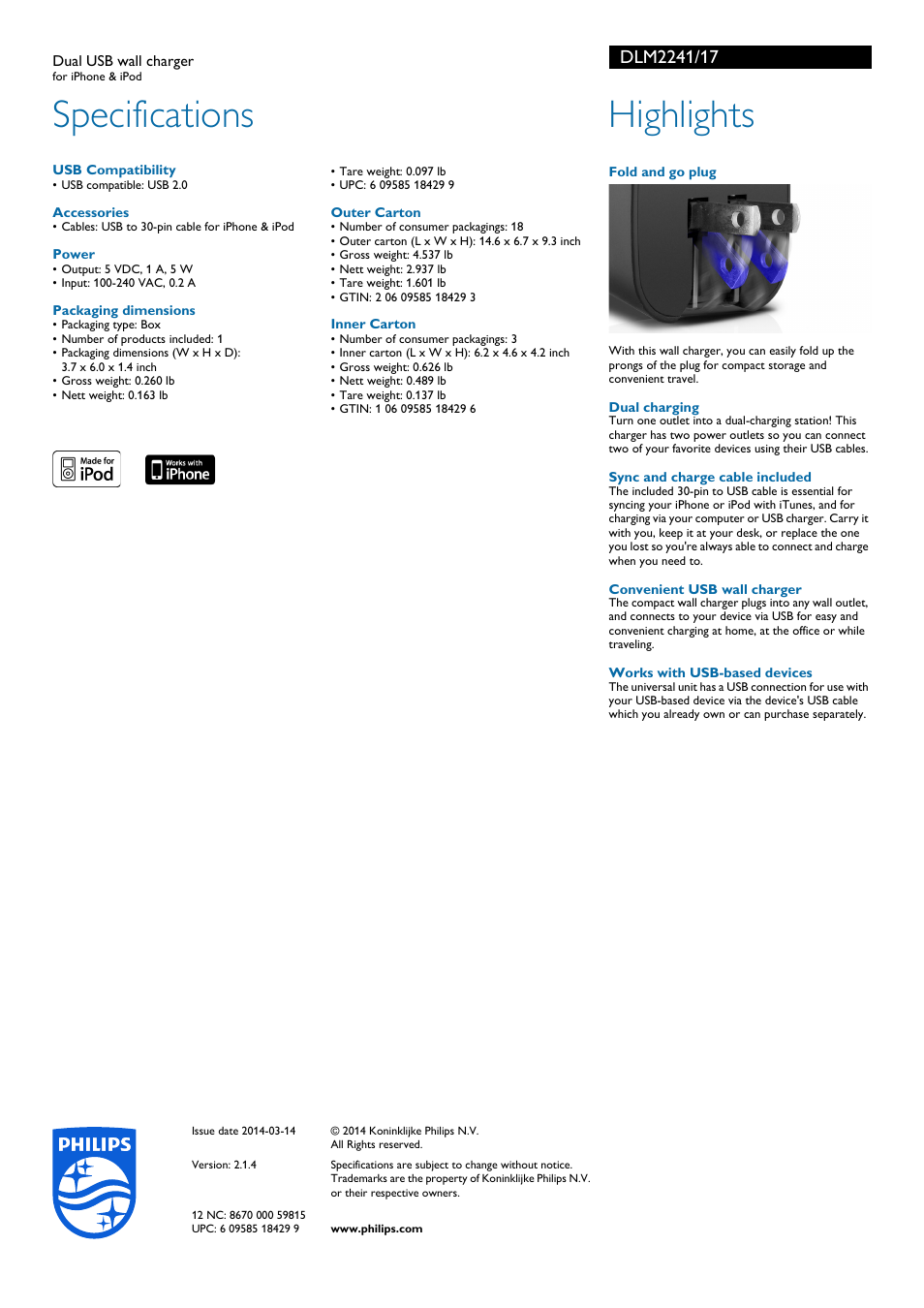 Specifications, Highlights | Philips DLM2241-17 User Manual | Page 2 / 2