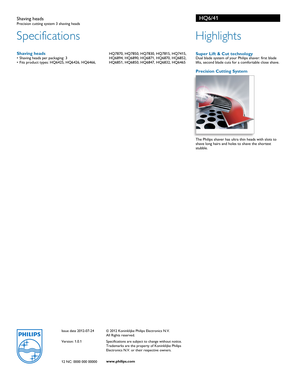 Specifications, Highlights, Hq6/41 | Philips HQ6-41 User Manual | Page 2 / 2