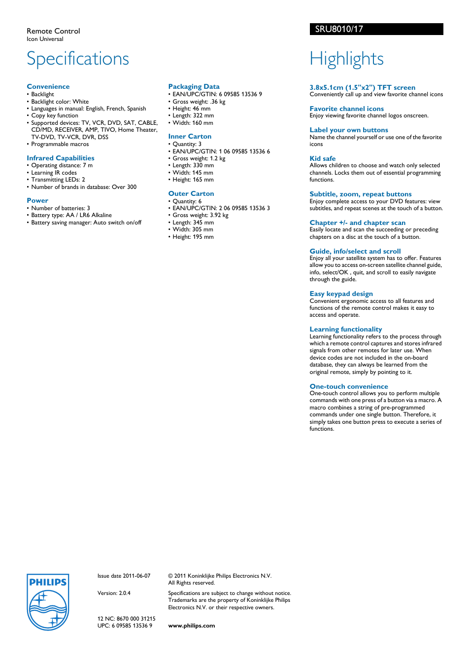 Specifications, Highlights | Philips SRU8010-17 User Manual | Page 2 / 2