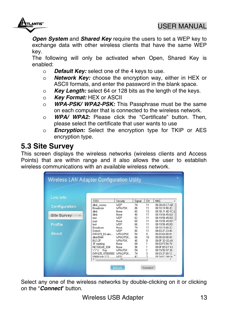 3 site survey, User manual | Atlantis Land NetFly Wireless USB Adapter USB 54 User Manual | Page 13 / 24
