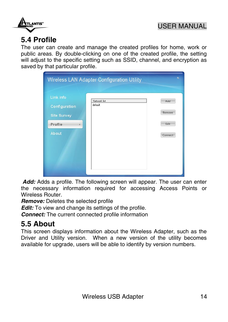 4 profile, 5 about | Atlantis Land NetFly Wireless USB Adapter USB 54 User Manual | Page 14 / 24