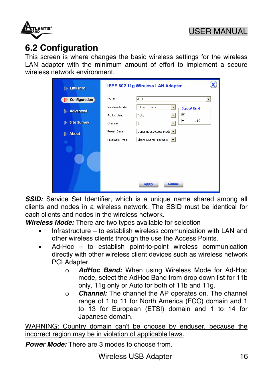 2 configuration, User manual | Atlantis Land NetFly Wireless USB Adapter USB 54 User Manual | Page 16 / 24