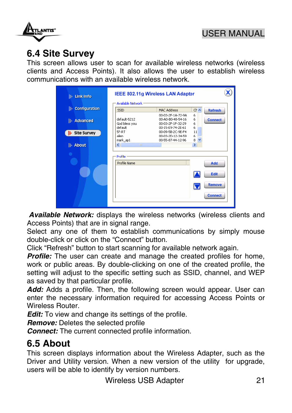 4 site survey, 5 about | Atlantis Land NetFly Wireless USB Adapter USB 54 User Manual | Page 21 / 24